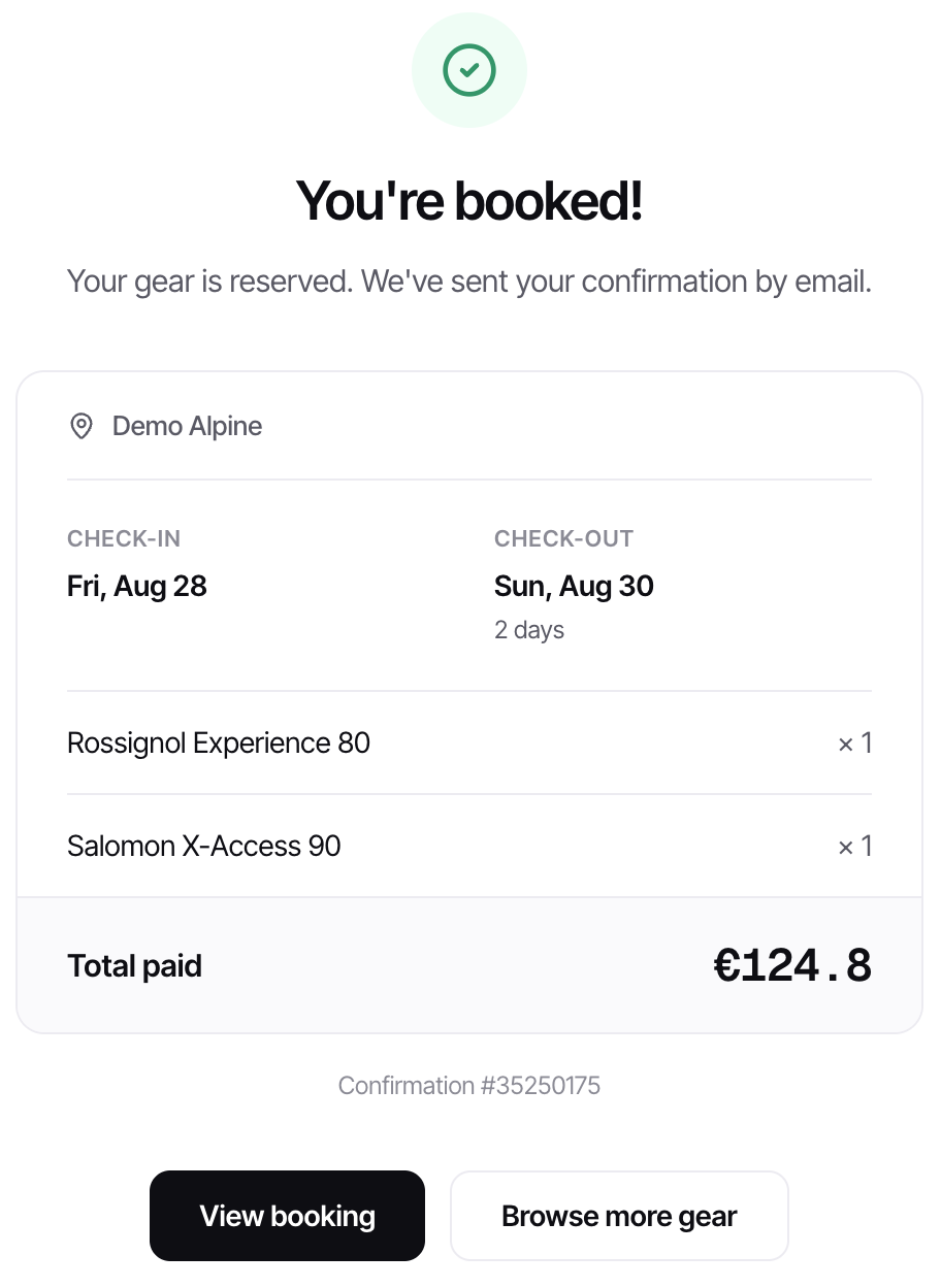 Booking summary showing the deposit held on the card
