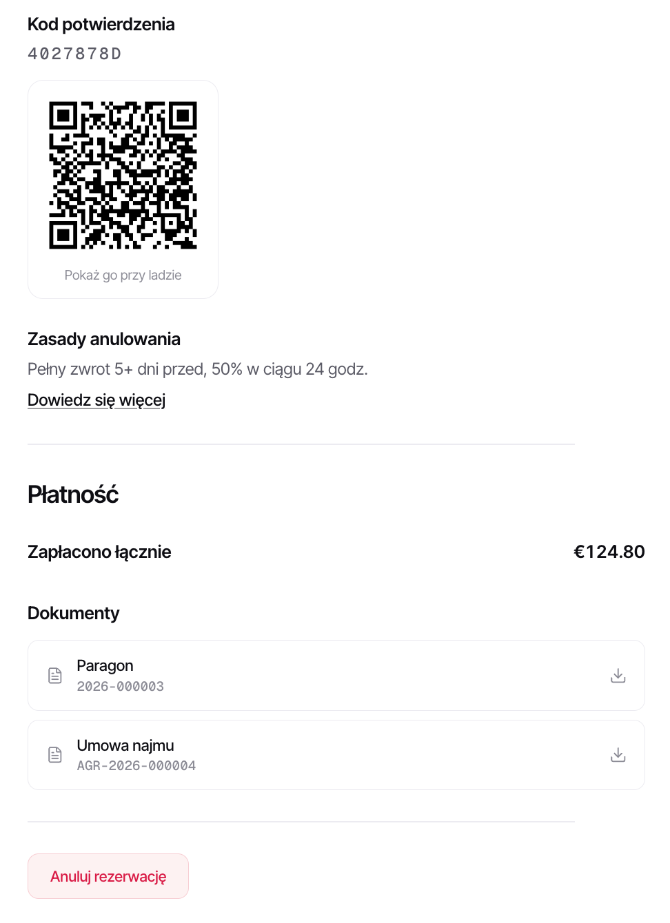 Potwierdzenie rezerwacji z podpisaną umową i kodem QR