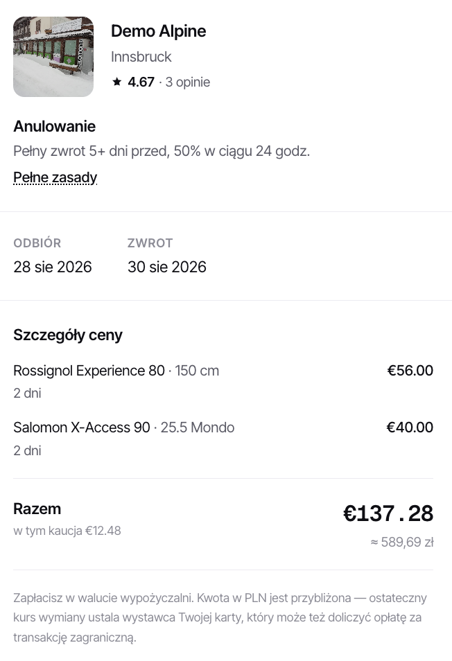 Podsumowanie rezerwacji z rozbiciem ceny i zniżką za dłuższy wynajem