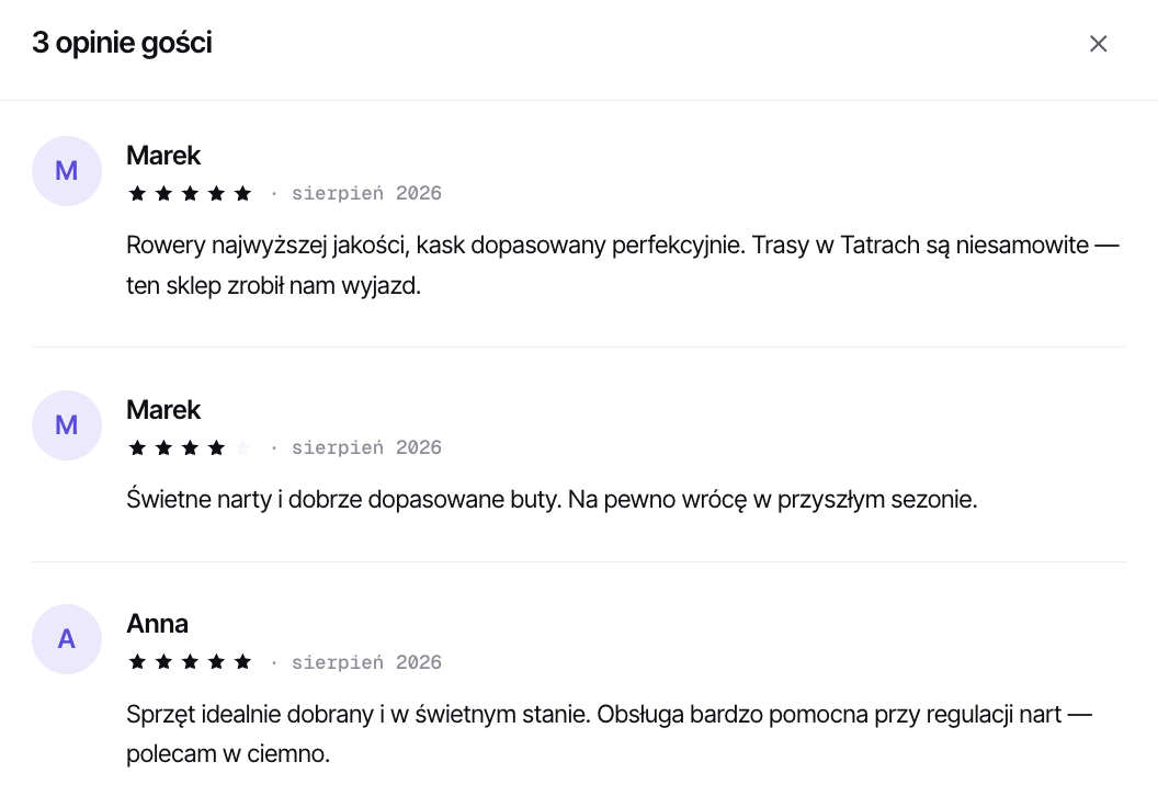 Profil wypożyczalni z odznaką weryfikacji i opiniami gości